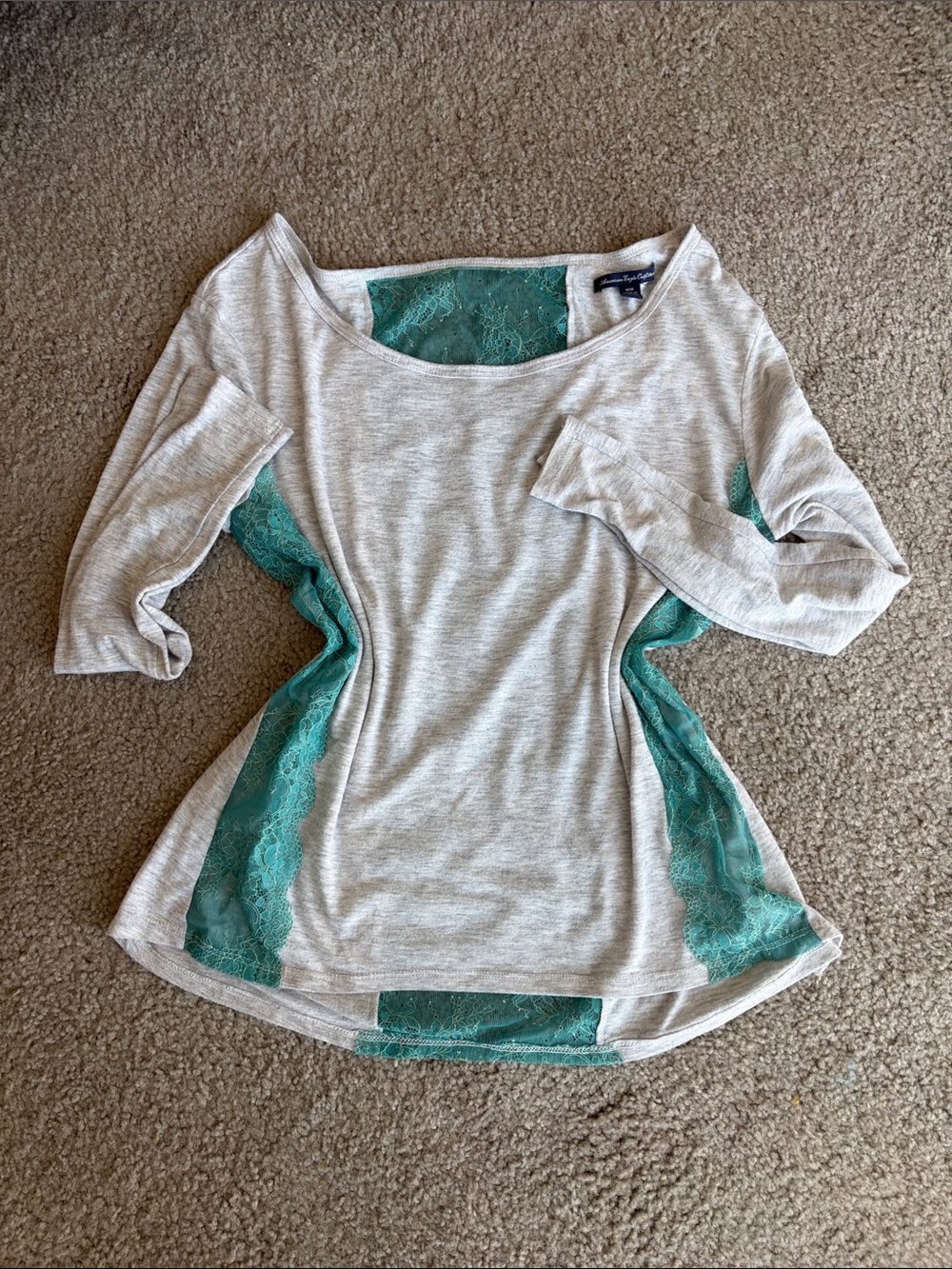 American Eagle Outfitters Light Gray Scoop Neck Top with Teal Lace Insets